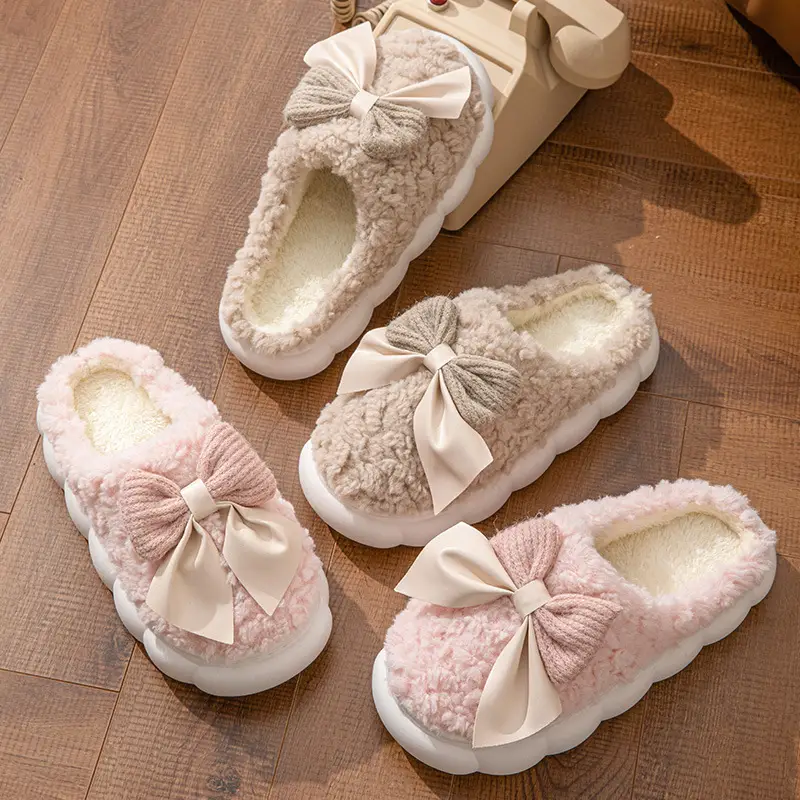 Women's Double Pin Bow Cotton Slippers Winter Warm - Image 7