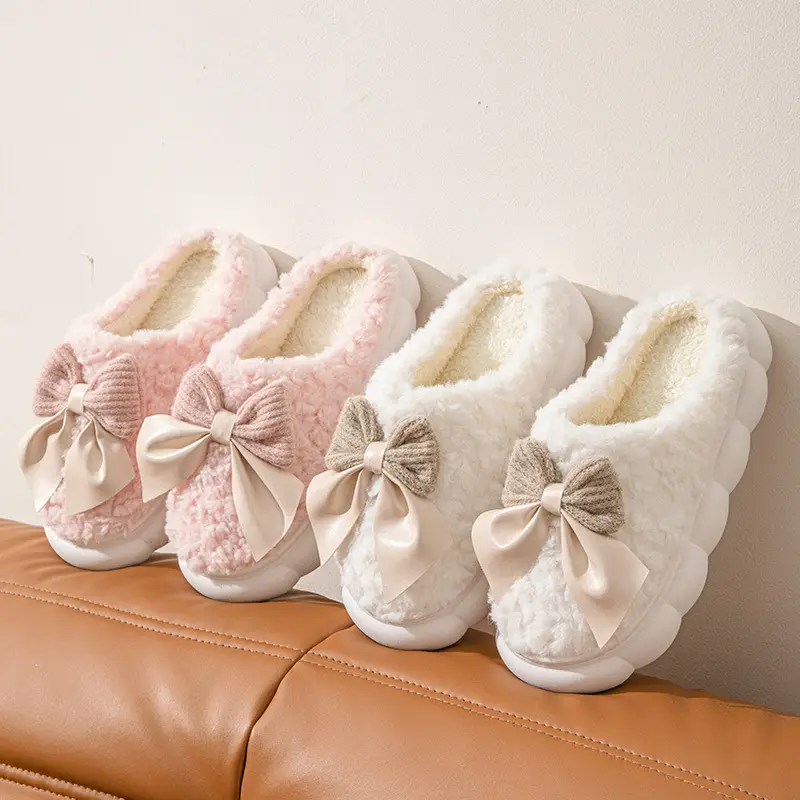 Women's Double Pin Bow Cotton Slippers Winter Warm - Image 8