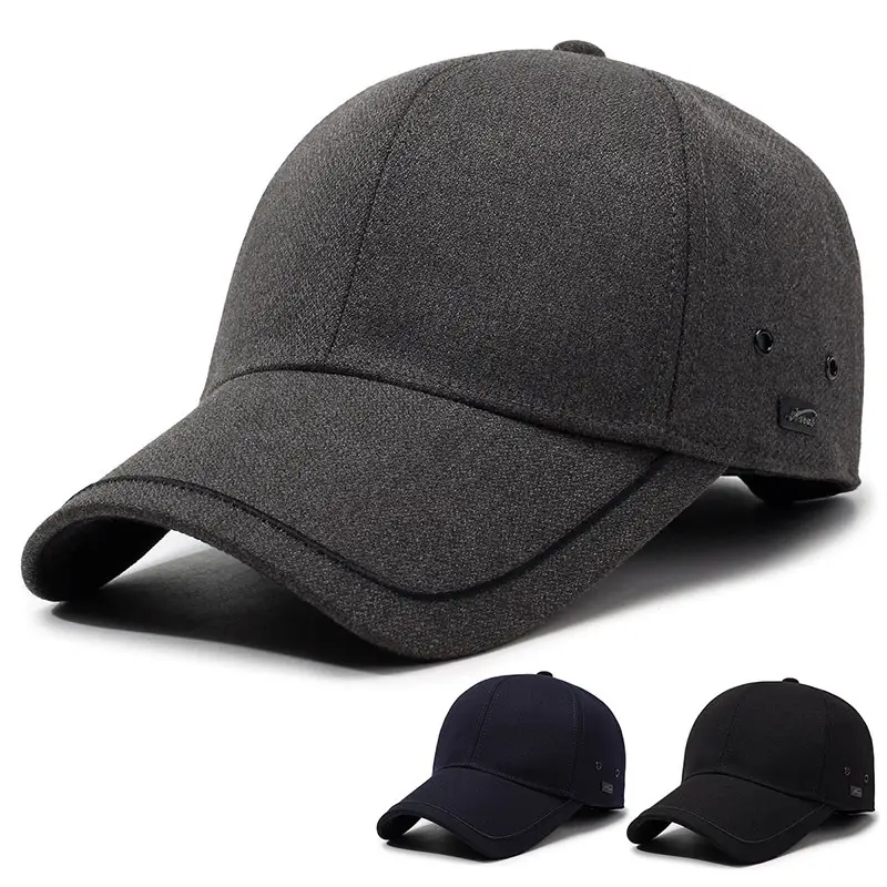 Men Black Cotton Baseball Cap Winter Warm Ear Protection - Image 5
