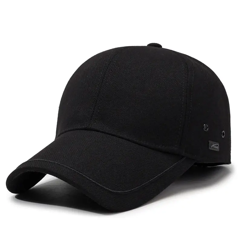 Men Black Cotton Baseball Cap Winter Warm Ear Protection - Image 2