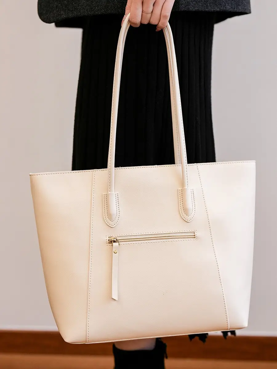 Women Large Capacity Tote Bag Beige Shoulder Crossbody Handbag - Image 7