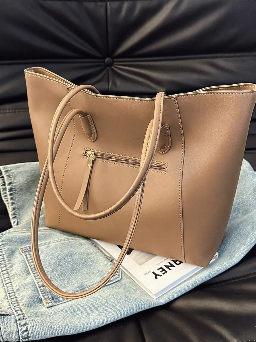 Women Large Capacity Tote Bag Beige Shoulder Crossbody Handbag - Image 10