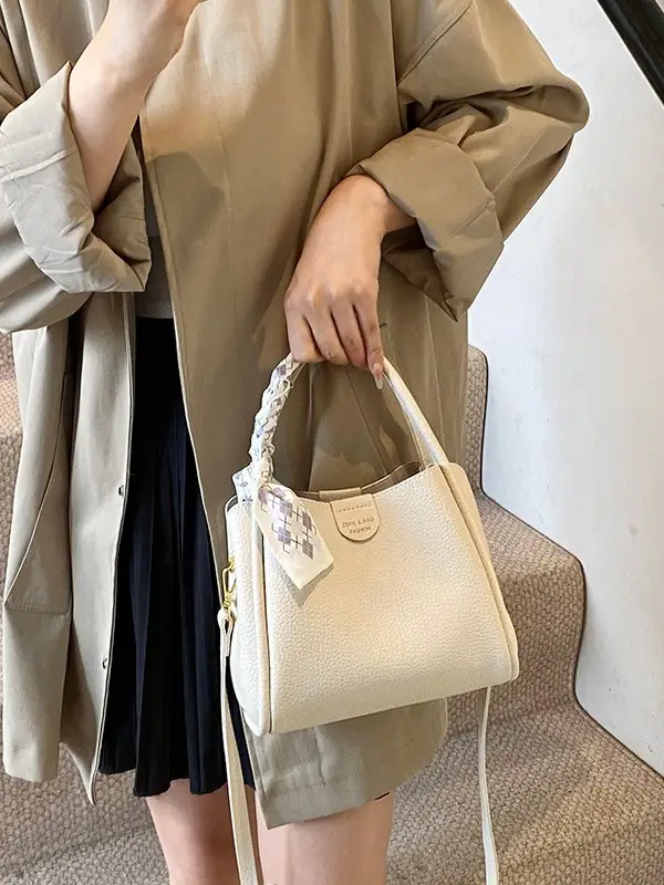 Brown Lychee Textured Shoulder Bag with Tassel - Image 7