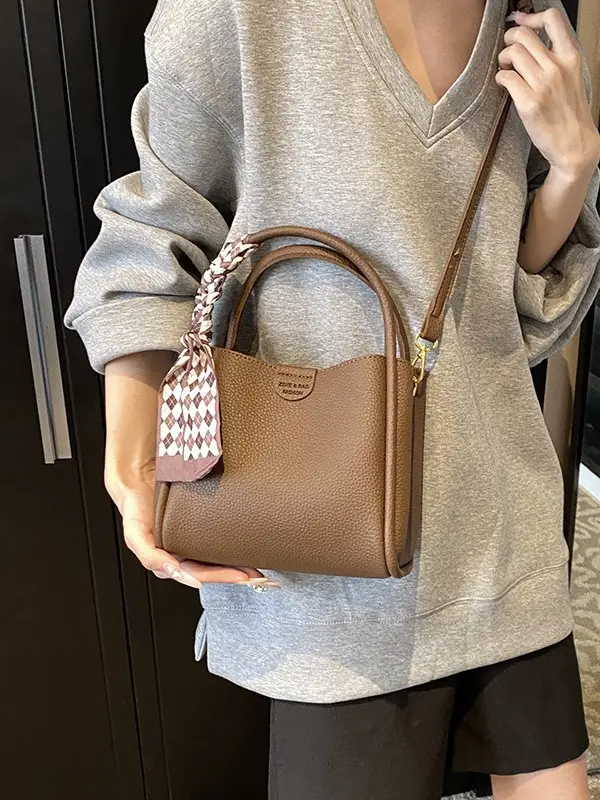 Brown Lychee Textured Shoulder Bag with Tassel - Image 8