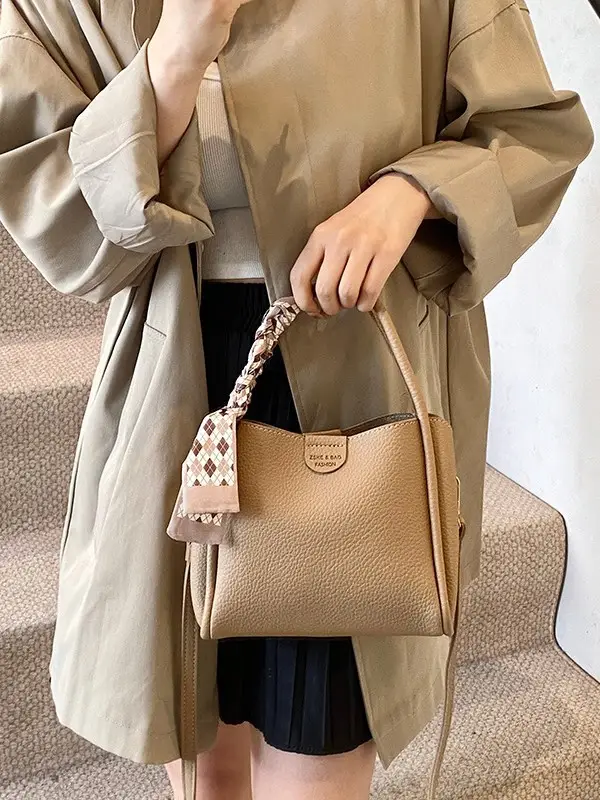 Brown Lychee Textured Shoulder Bag with Tassel - Image 9