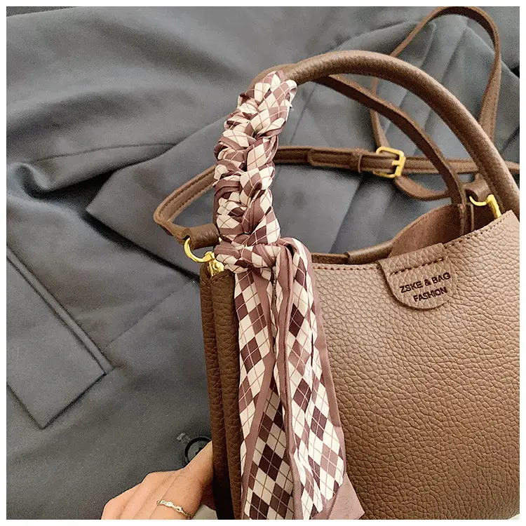 Brown Lychee Textured Shoulder Bag with Tassel — feature 11