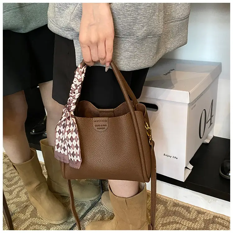 Brown Lychee Textured Shoulder Bag with Tassel — feature 18