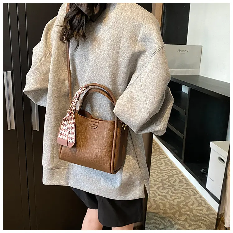 Brown Lychee Textured Shoulder Bag with Tassel — feature 19