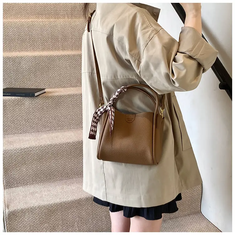 Brown Lychee Textured Shoulder Bag with Tassel — feature 34