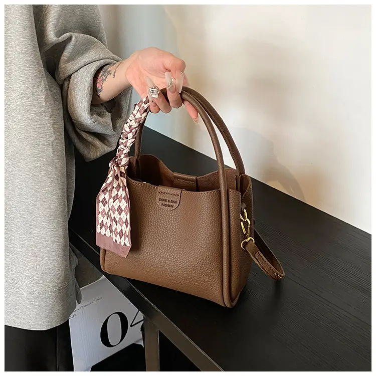 Brown Lychee Textured Shoulder Bag with Tassel — feature 35