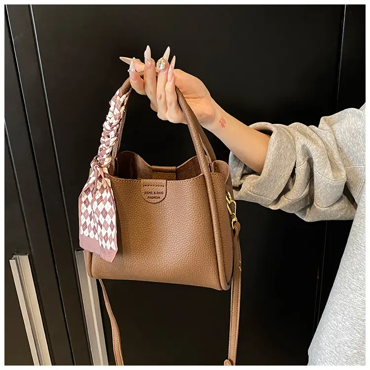 Brown Lychee Textured Shoulder Bag with Tassel — feature 36