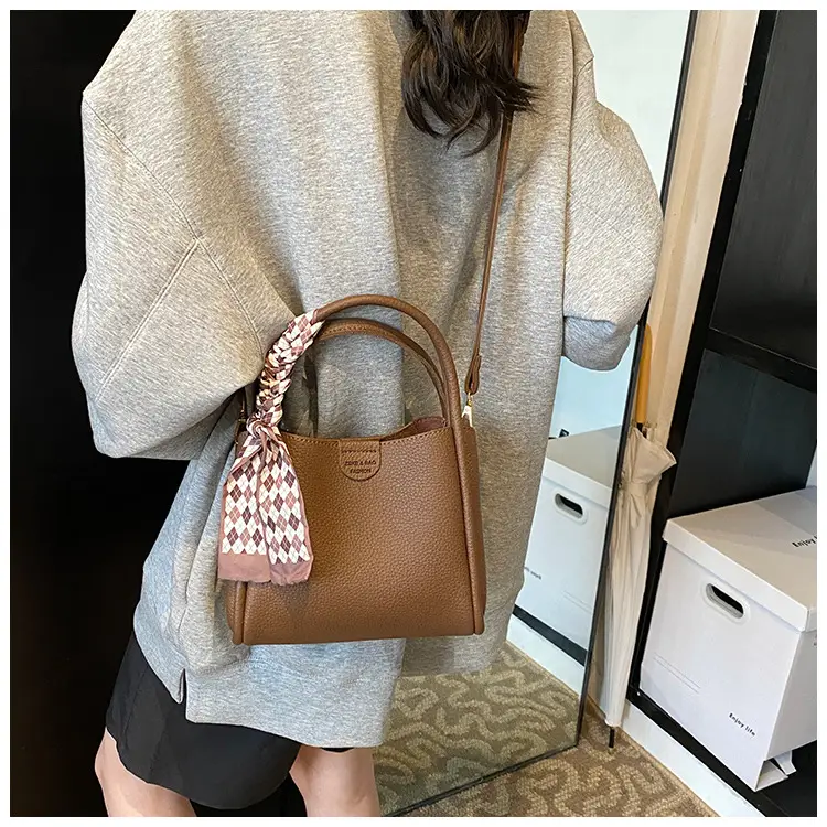Brown Lychee Textured Shoulder Bag with Tassel — feature 37