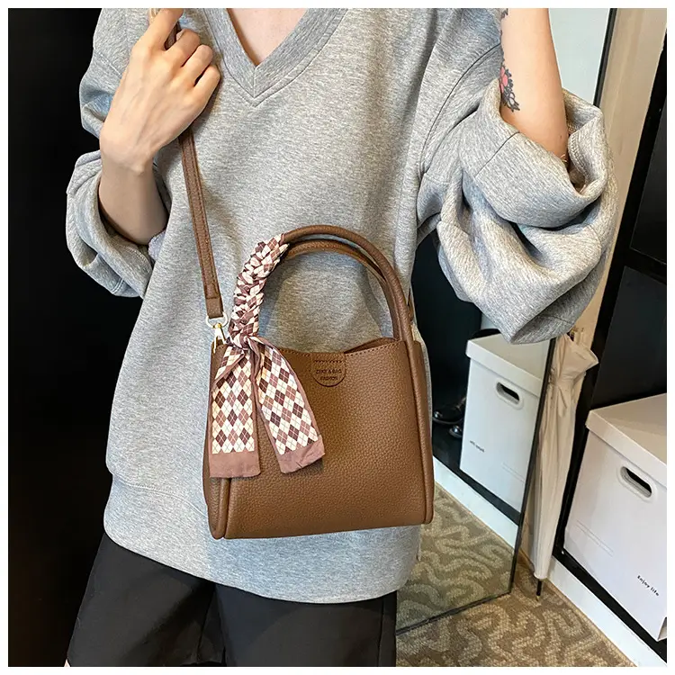 Brown Lychee Textured Shoulder Bag with Tassel — feature 38