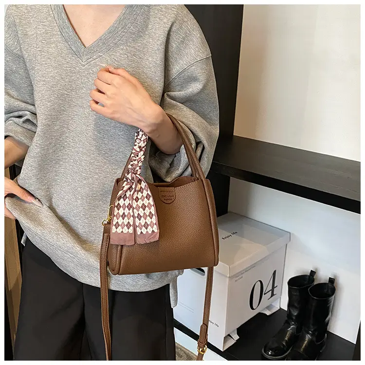Brown Lychee Textured Shoulder Bag with Tassel — feature 39