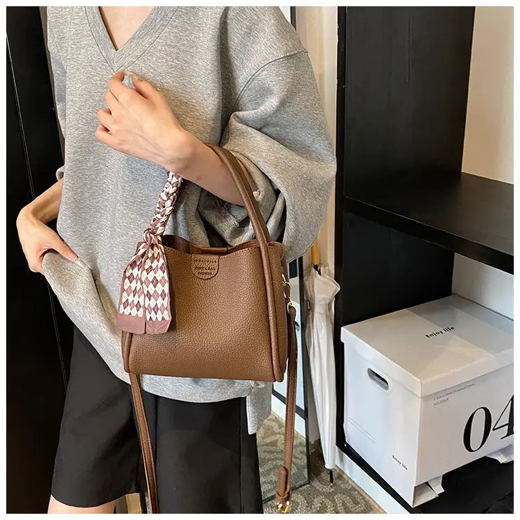 Brown Lychee Textured Shoulder Bag with Tassel — feature 40