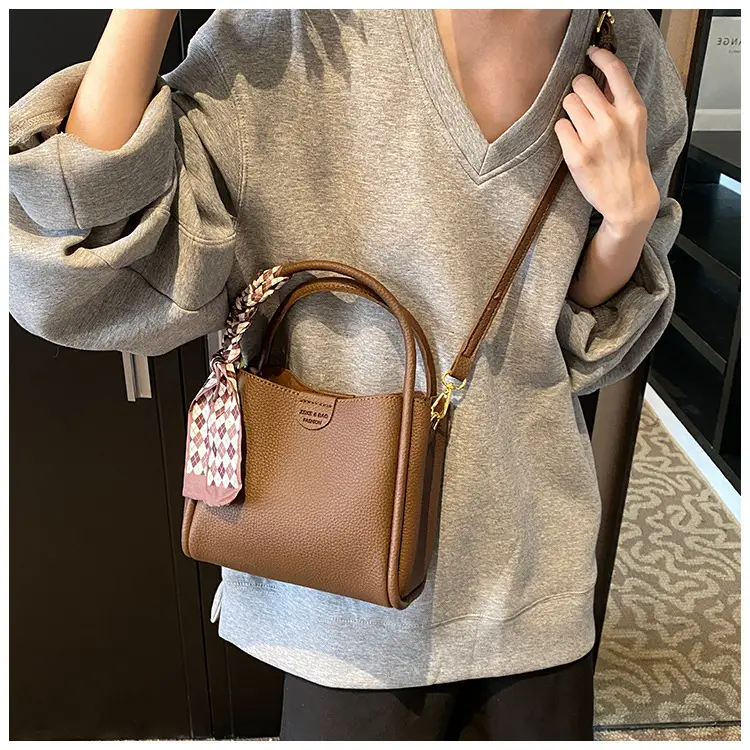 Brown Lychee Textured Shoulder Bag with Tassel — feature 41
