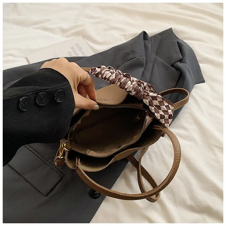 Brown Lychee Textured Shoulder Bag with Tassel — feature 5