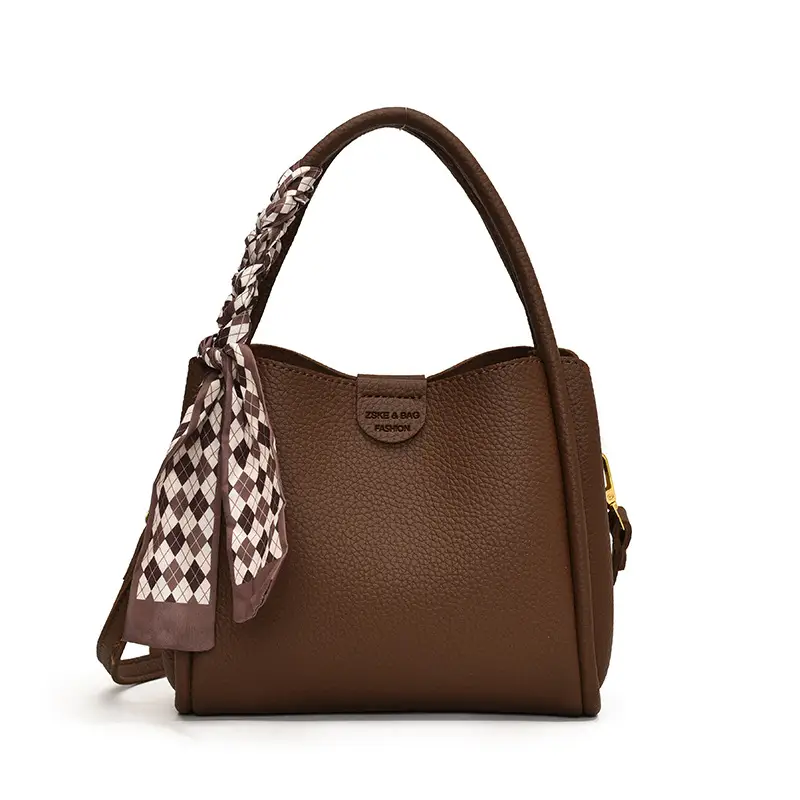 Brown Lychee Textured Shoulder Bag with Tassel - Image 2