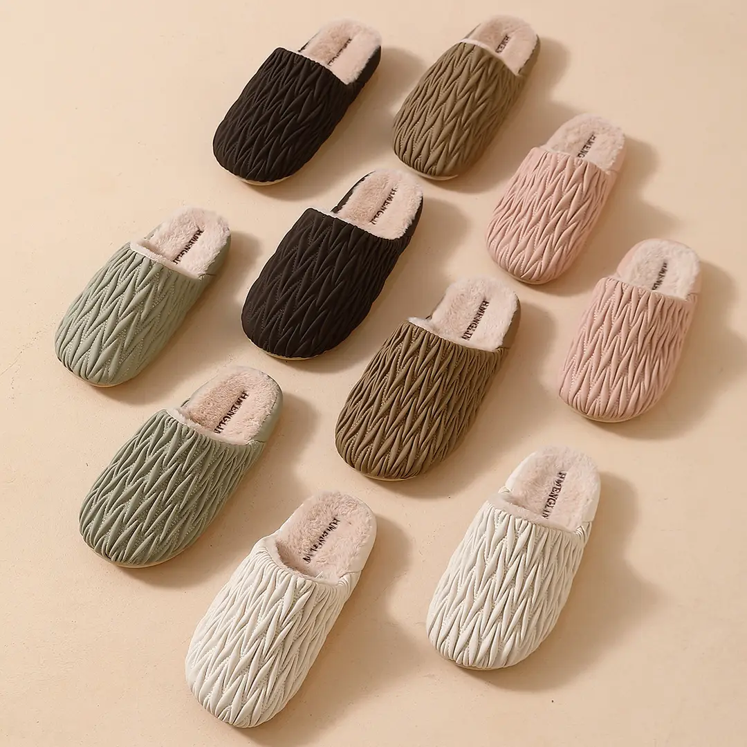 Pu waterproof cotton slippers women autumn and winter indoor home warm non-slip thick bottom wool plush slippers women winter wholesale - Image 8