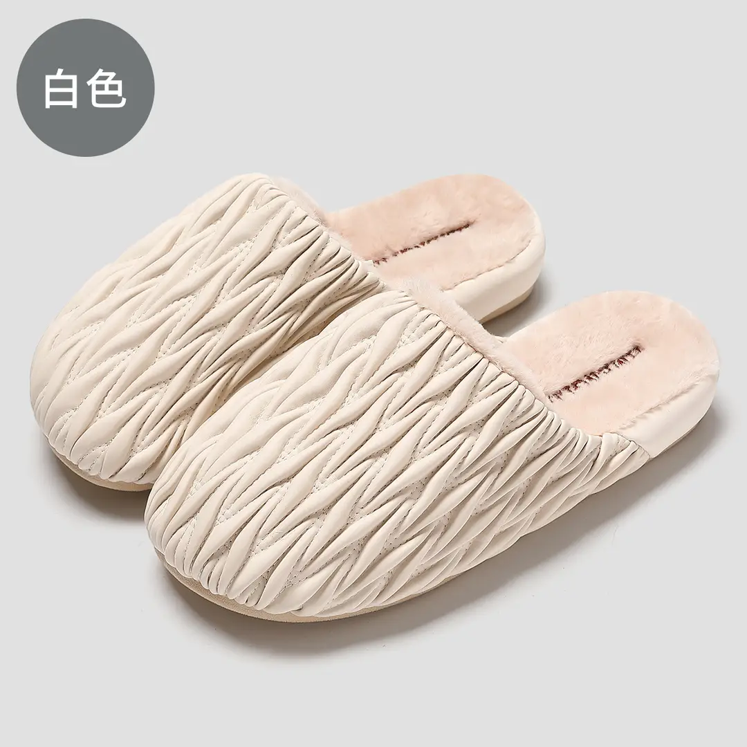 Pu waterproof cotton slippers women autumn and winter indoor home warm non-slip thick bottom wool plush slippers women winter wholesale - Image 2