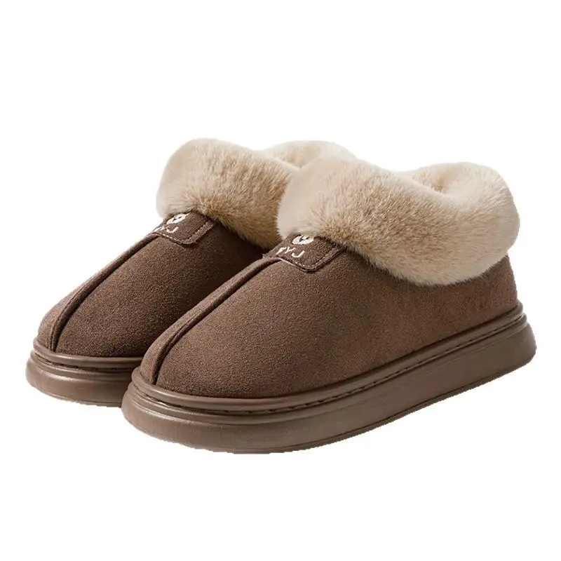 New Cross-Border Suede Cotton Slippers for Men, Home Warm Fur-Lined Closed-Back Slippers, Postpartum Shoes, Non-Slip Snow Boots for Women, Trendy