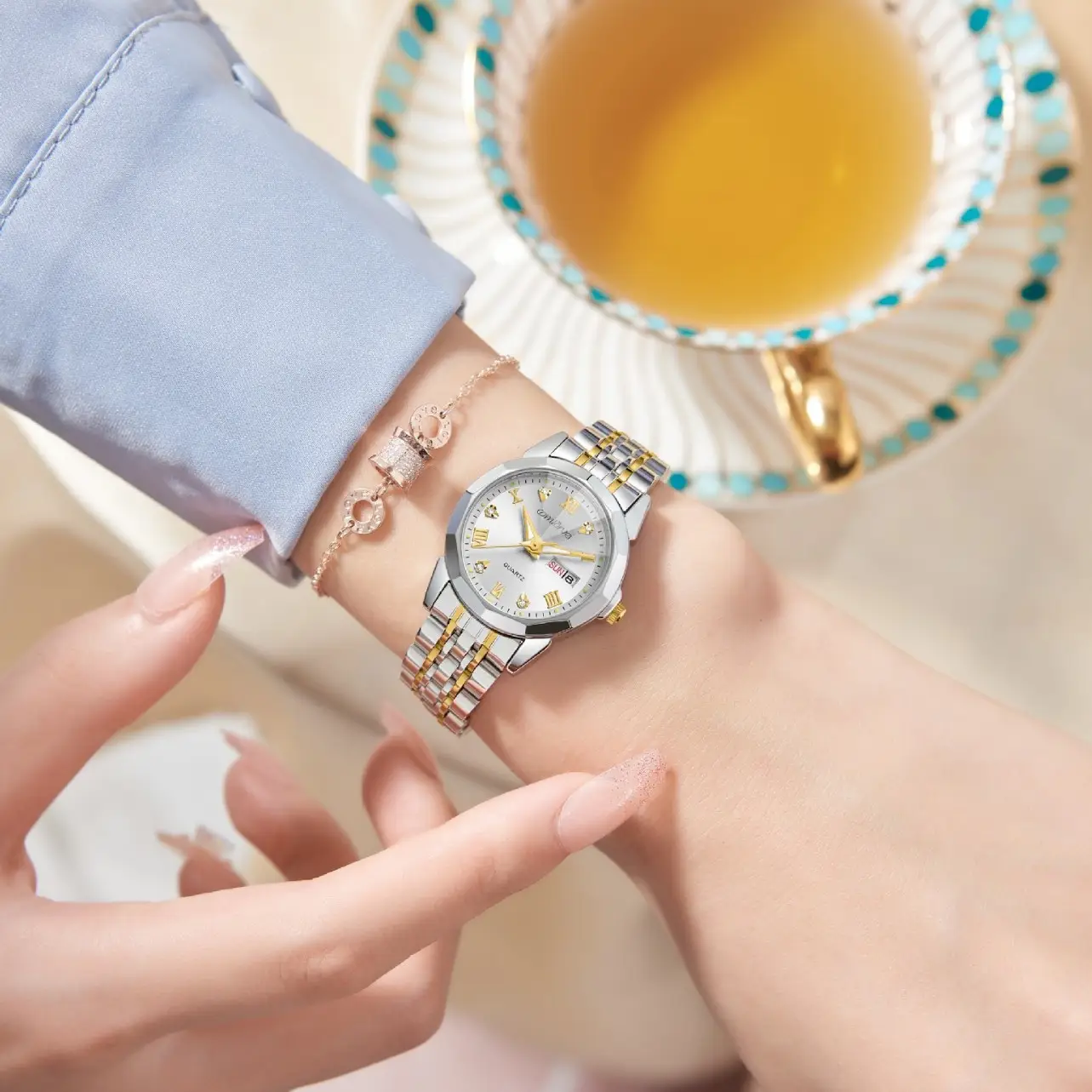 Women's Stainless Steel Quartz Watch with Large Dial & Dual Calendar