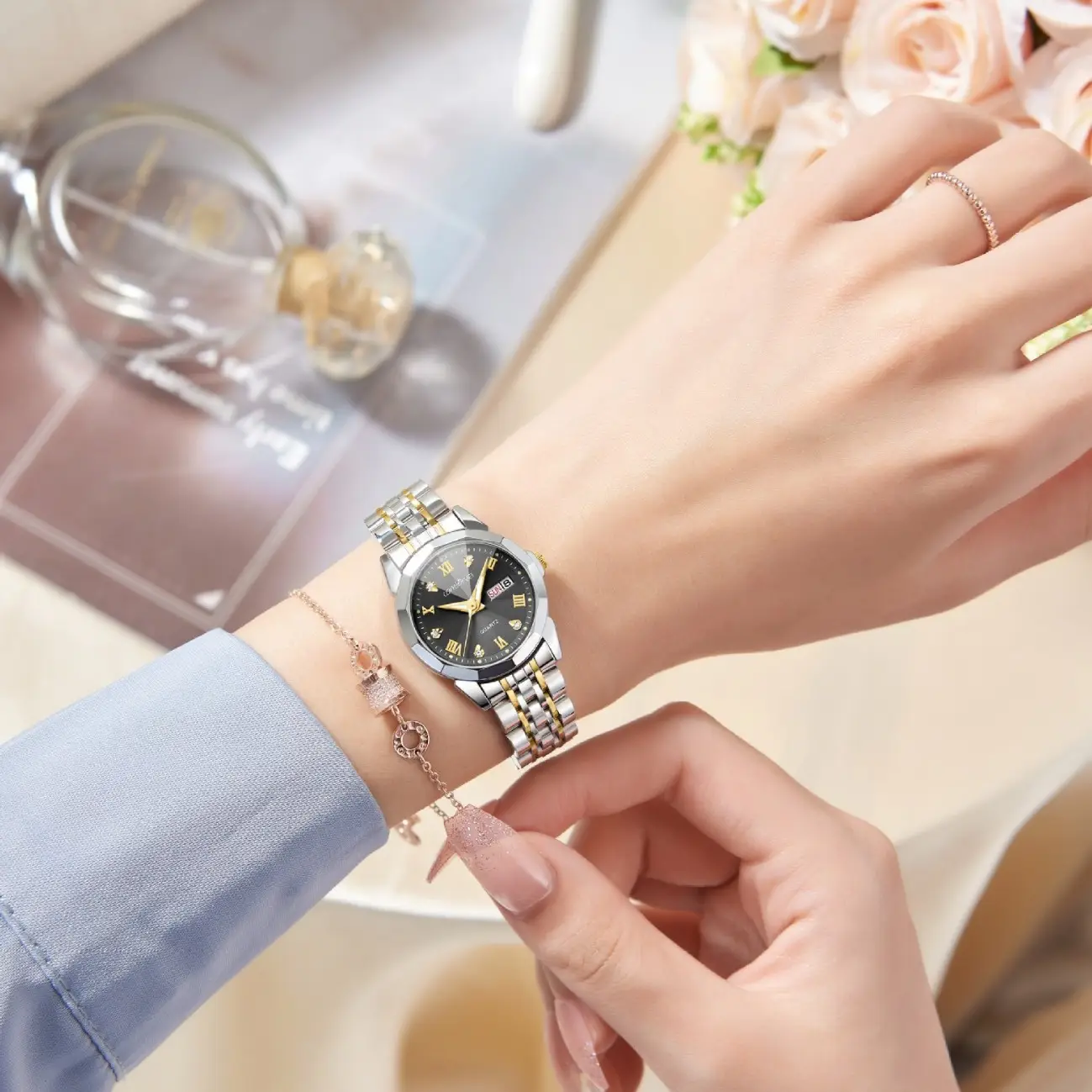 Women's Stainless Steel Quartz Watch with Large Dial & Dual Calendar