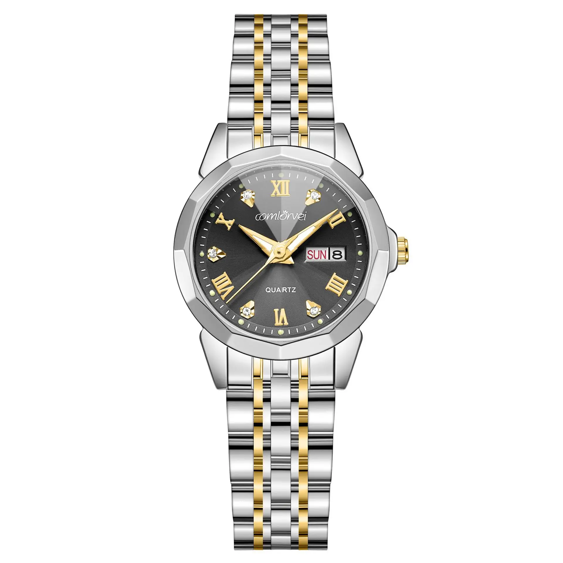 Women's Stainless Steel Quartz Watch with Large Dial & Dual Calendar