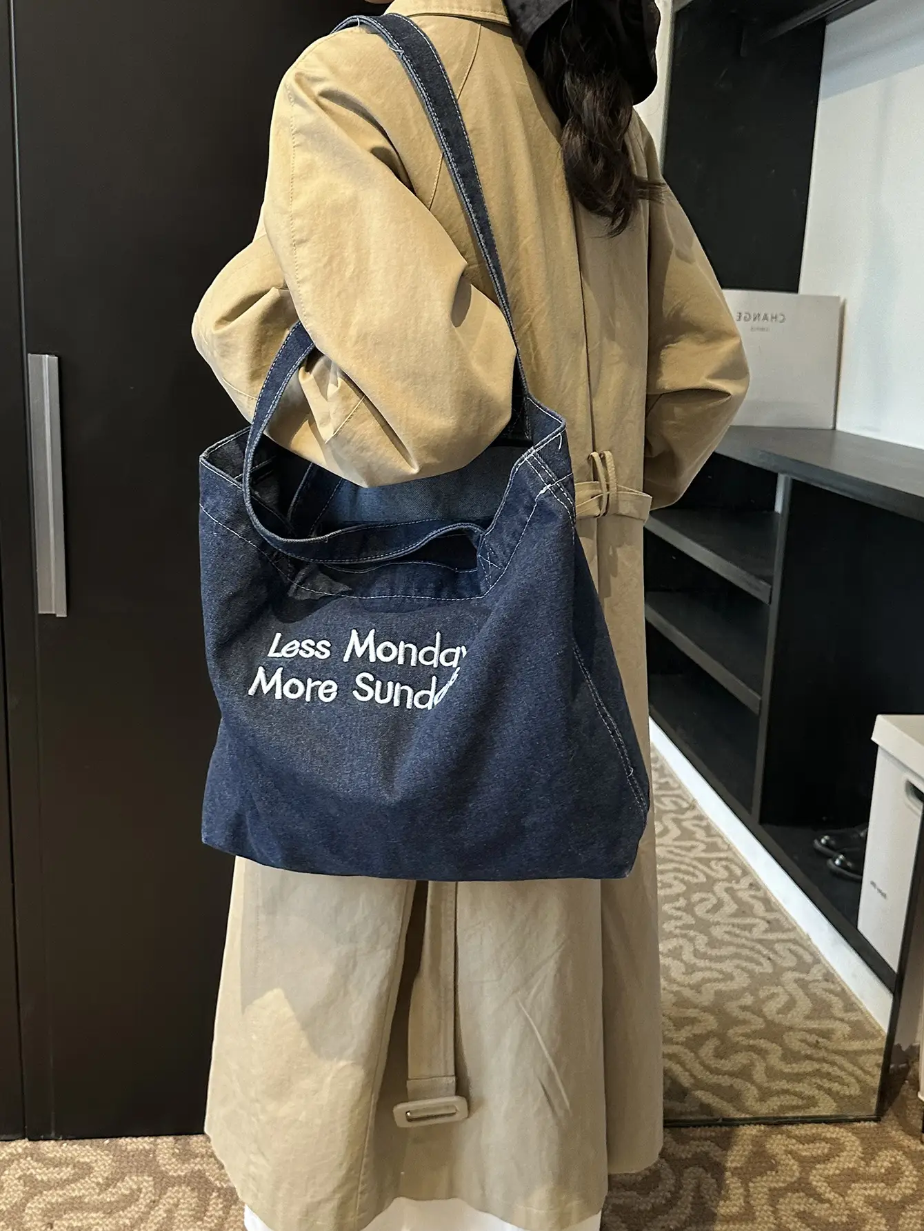 Retro Denim Shoulder Bag with Embroidered Text