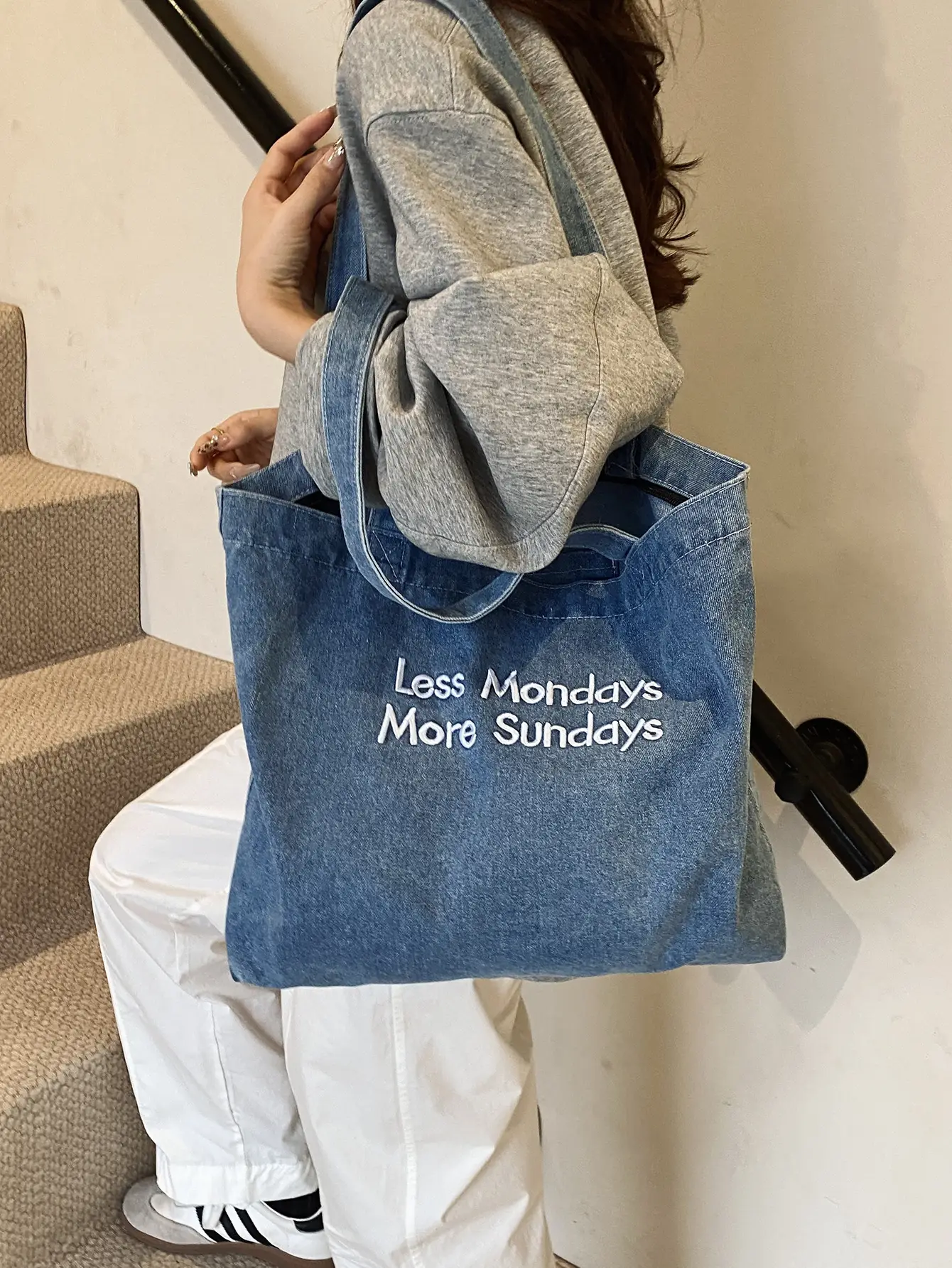 Retro Denim Shoulder Bag with Embroidered Text