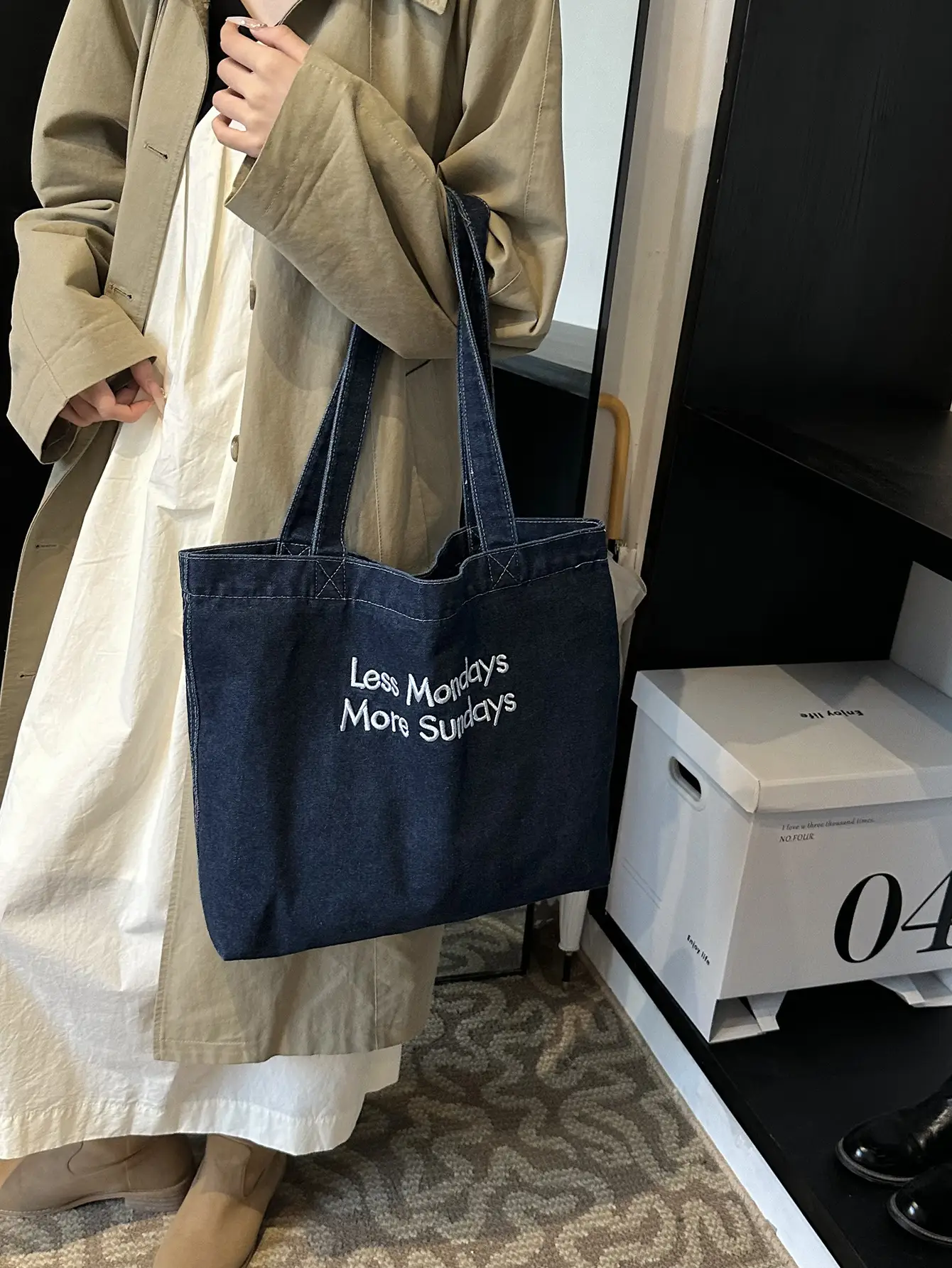 Retro Denim Shoulder Bag with Embroidered Text