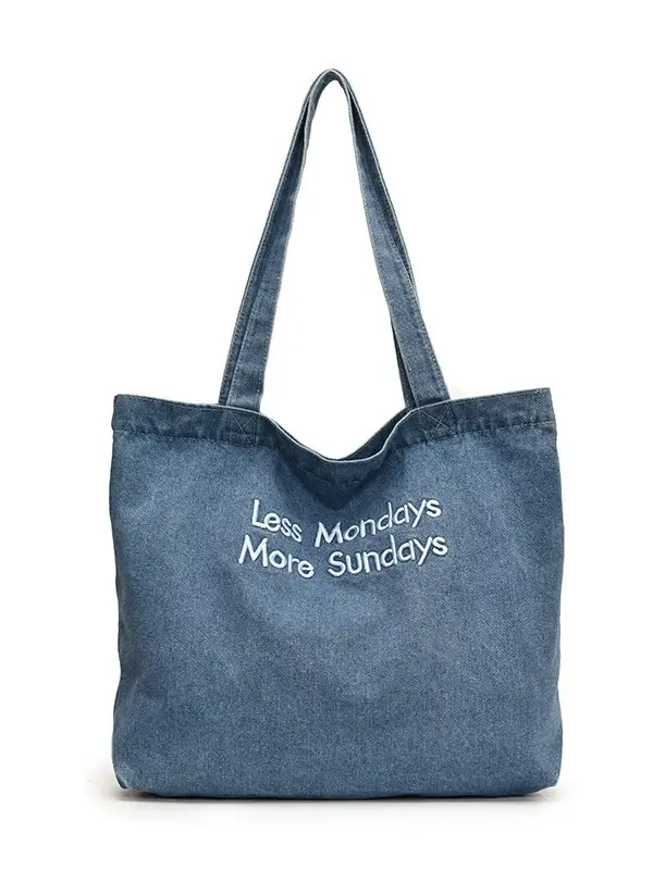 Retro Denim Shoulder Bag with Embroidered Text