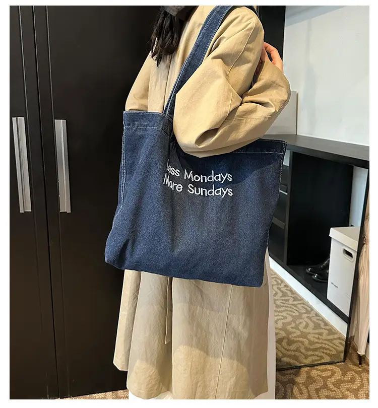 Retro Denim Shoulder Bag with Embroidered Text — feature 1