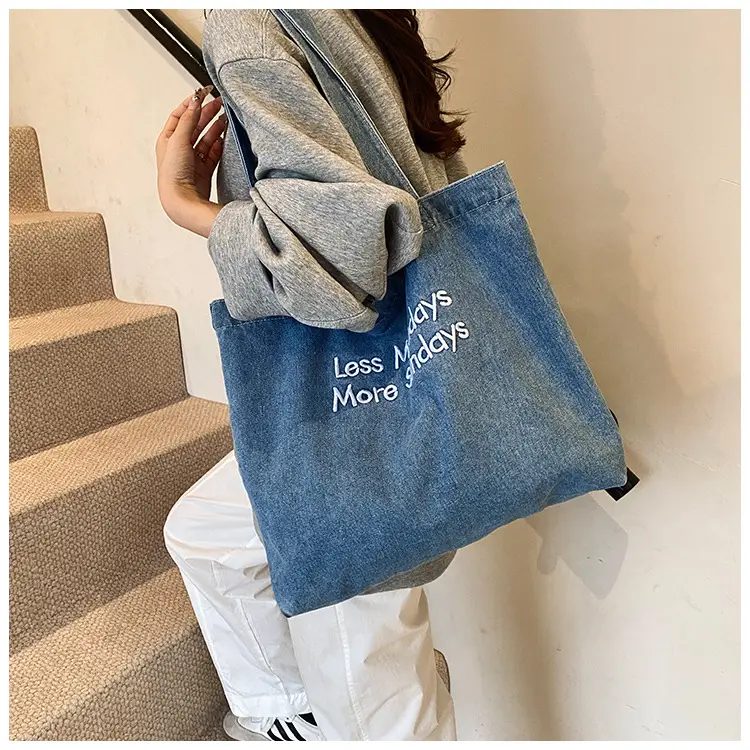 Retro Denim Shoulder Bag with Embroidered Text — feature 11