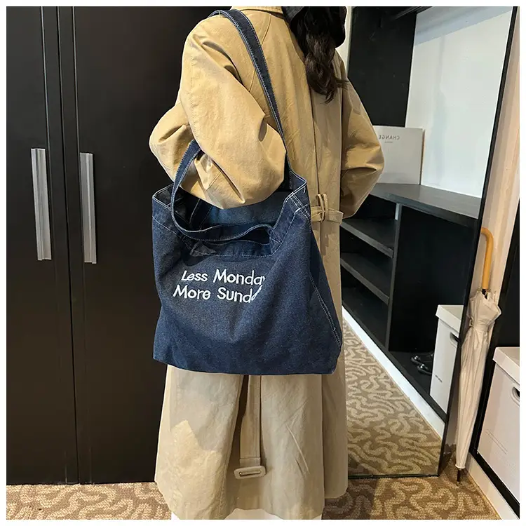 Retro Denim Shoulder Bag with Embroidered Text — feature 14
