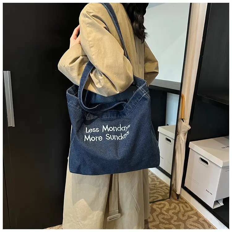 Retro Denim Shoulder Bag with Embroidered Text — feature 15