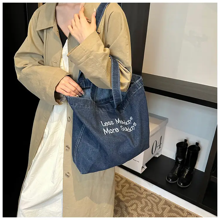 Retro Denim Shoulder Bag with Embroidered Text — feature 16