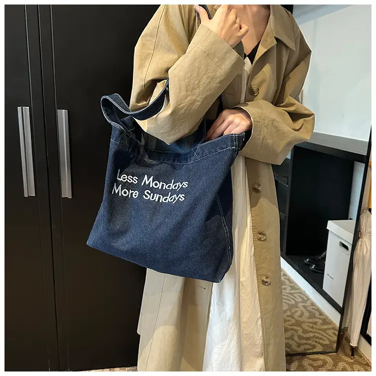 Retro Denim Shoulder Bag with Embroidered Text — feature 17