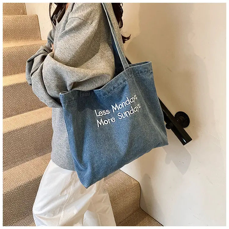 Retro Denim Shoulder Bag with Embroidered Text — feature 7