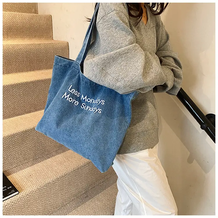 Retro Denim Shoulder Bag with Embroidered Text — feature 8