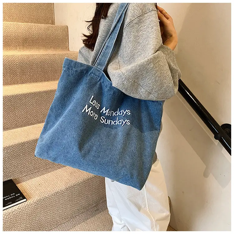 Retro Denim Shoulder Bag with Embroidered Text — feature 9