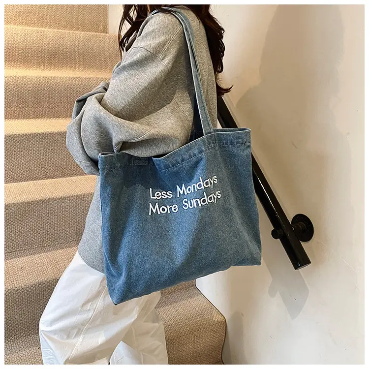 Retro Denim Shoulder Bag with Embroidered Text