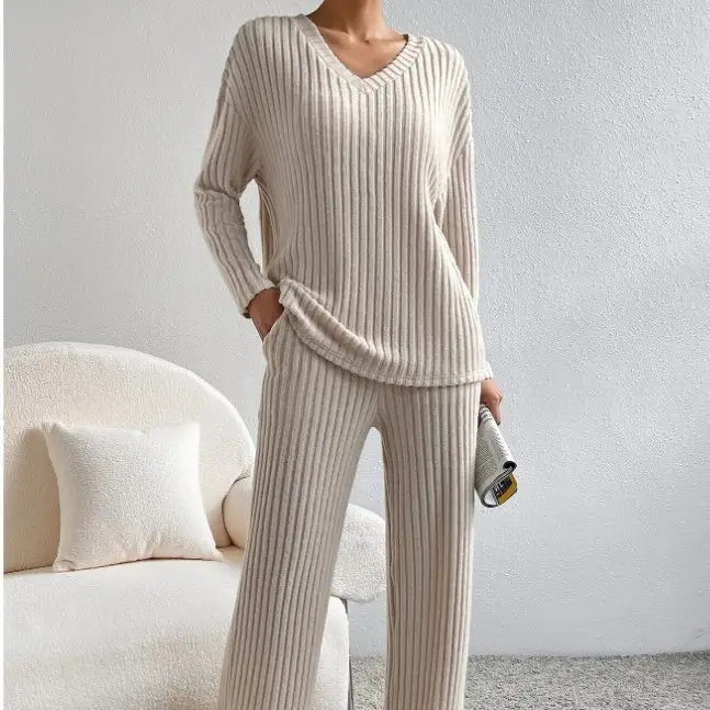 Cross-Border Two-Piece Set for Women 2025 Autum New Fashion Casual Straight Pants Elegant Loose V Neck Pit Strip Knitted Set