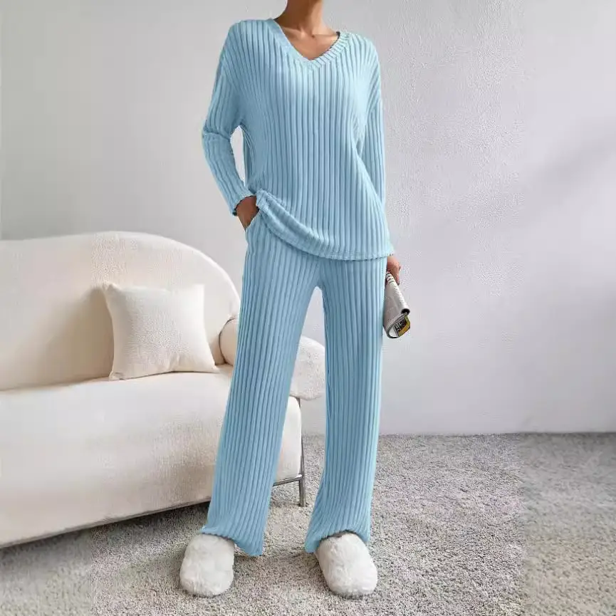 Cross-Border Two-Piece Set for Women 2025 Autum New Fashion Casual Straight Pants Elegant Loose V Neck Pit Strip Knitted Set