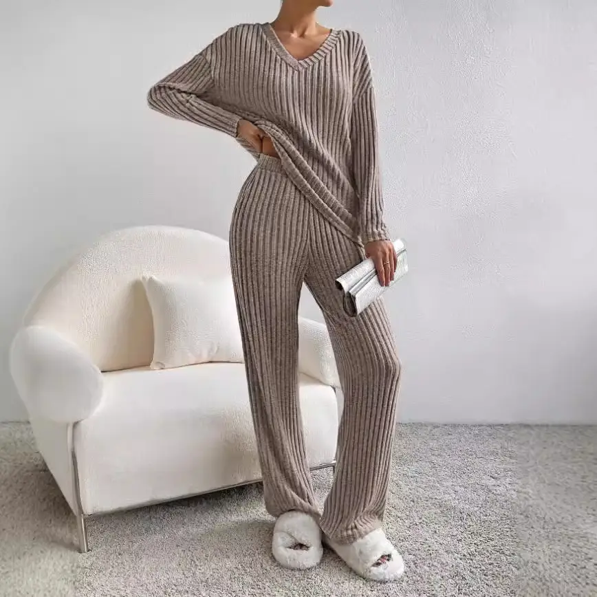 Cross-Border Two-Piece Set for Women 2025 Autum New Fashion Casual Straight Pants Elegant Loose V Neck Pit Strip Knitted Set