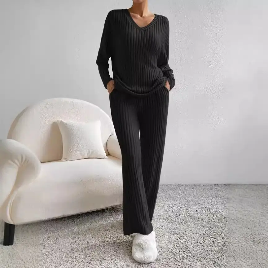 Cross-Border Two-Piece Set for Women 2025 Autum New Fashion Casual Straight Pants Elegant Loose V Neck Pit Strip Knitted Set
