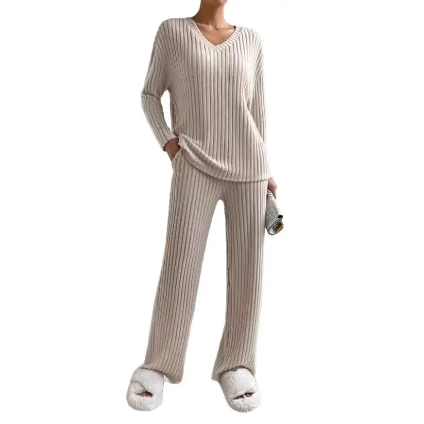 Cross-Border Two-Piece Set for Women 2025 Autum New Fashion Casual Straight Pants Elegant Loose V Neck Pit Strip Knitted Set