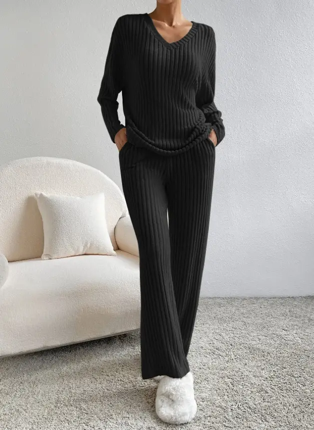 Cross-Border Two-Piece Set for Women 2025 Autum New Fashion Casual Straight Pants Elegant Loose V Neck Pit Strip Knitted Set — feature 11