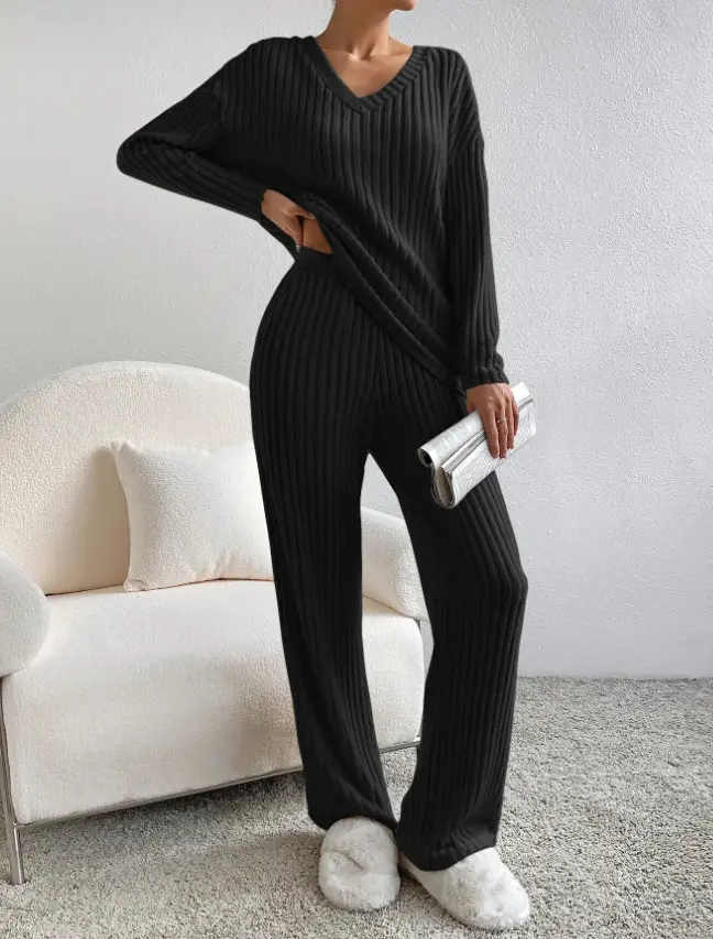 Cross-Border Two-Piece Set for Women 2025 Autum New Fashion Casual Straight Pants Elegant Loose V Neck Pit Strip Knitted Set — feature 12