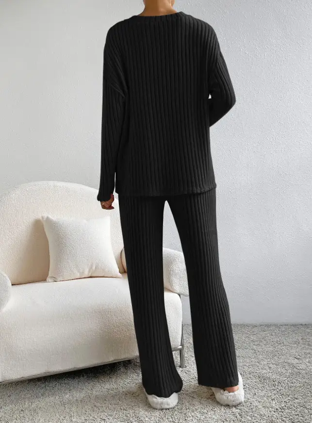 Cross-Border Two-Piece Set for Women 2025 Autum New Fashion Casual Straight Pants Elegant Loose V Neck Pit Strip Knitted Set — feature 13